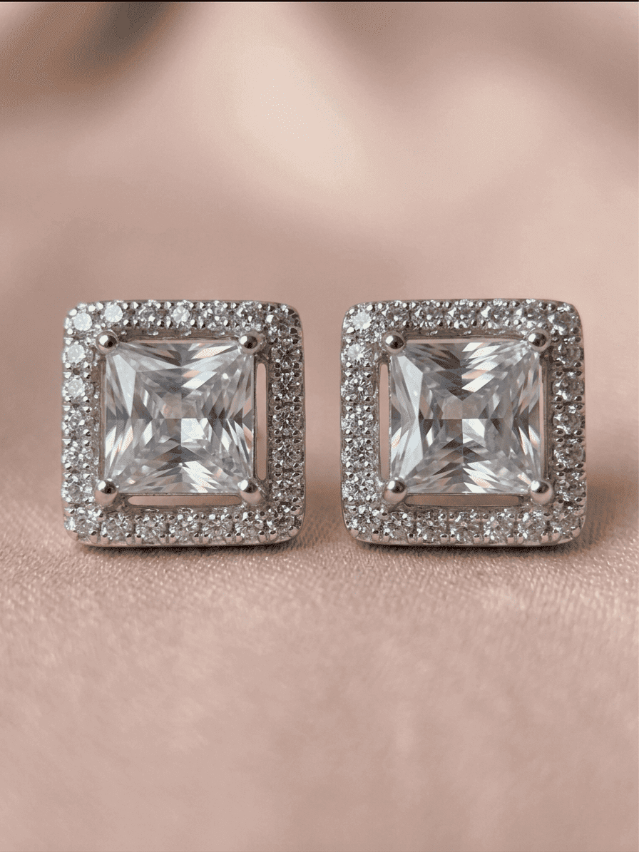 Zevirah Cushion Halo Studs Detail Dainty 925 sterling silver earrings, minimalist silver hoops for modern luxury styling